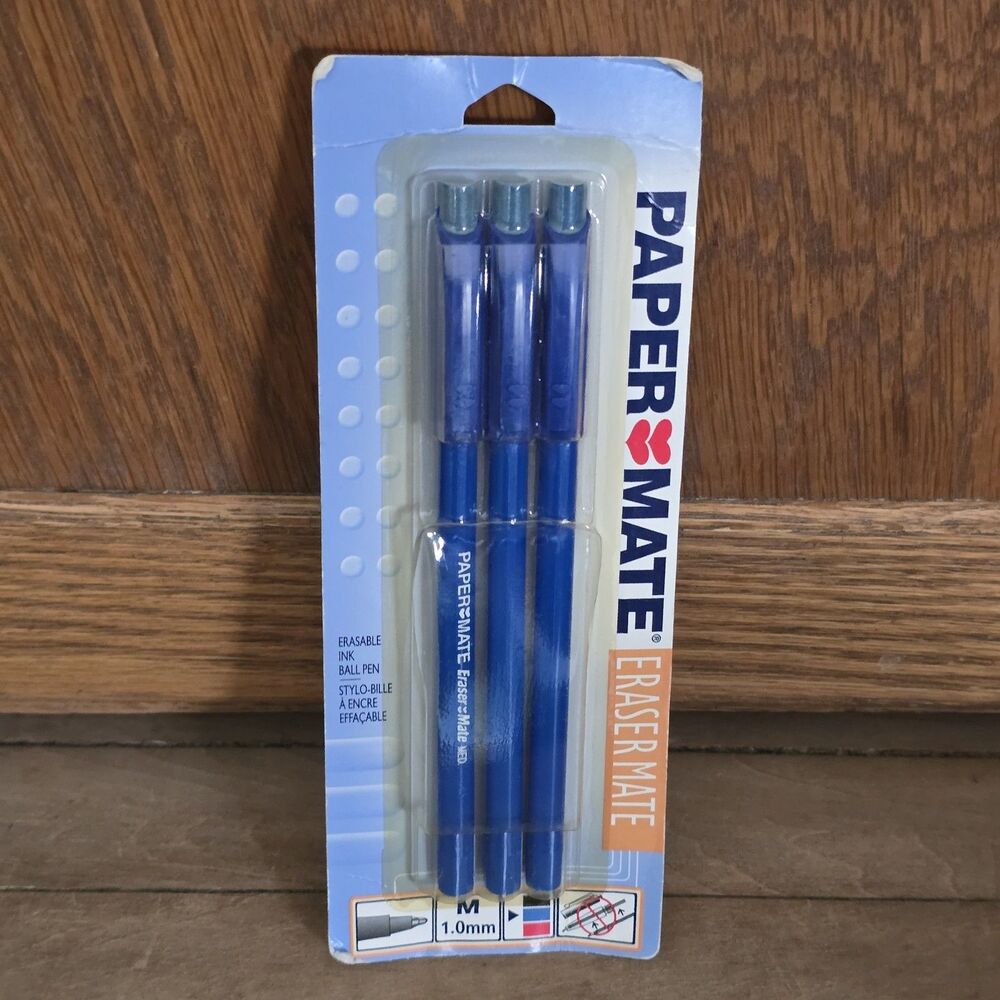 Vtg 2001 Eraser Mate Paper Mate 3 Pack Erasable Ink Pens Medium Point 1.0 Blue